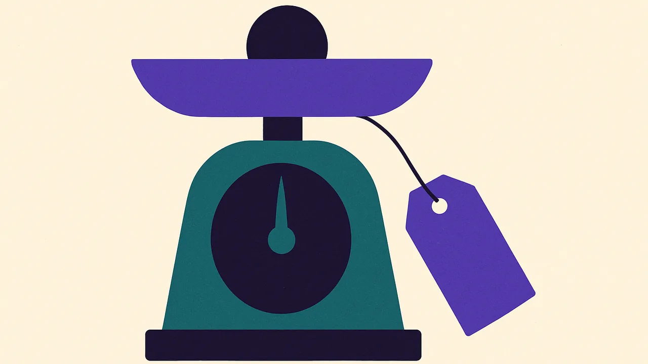 a single kibble resting on a small kitchen scale, a thin price tag tied to the scale