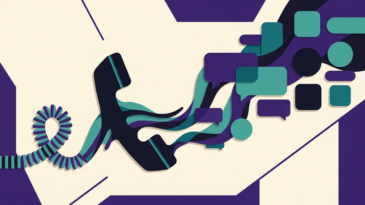 a telephone receiver melting and reforming into multiple shapes, flowing into chat bubbles and app icons