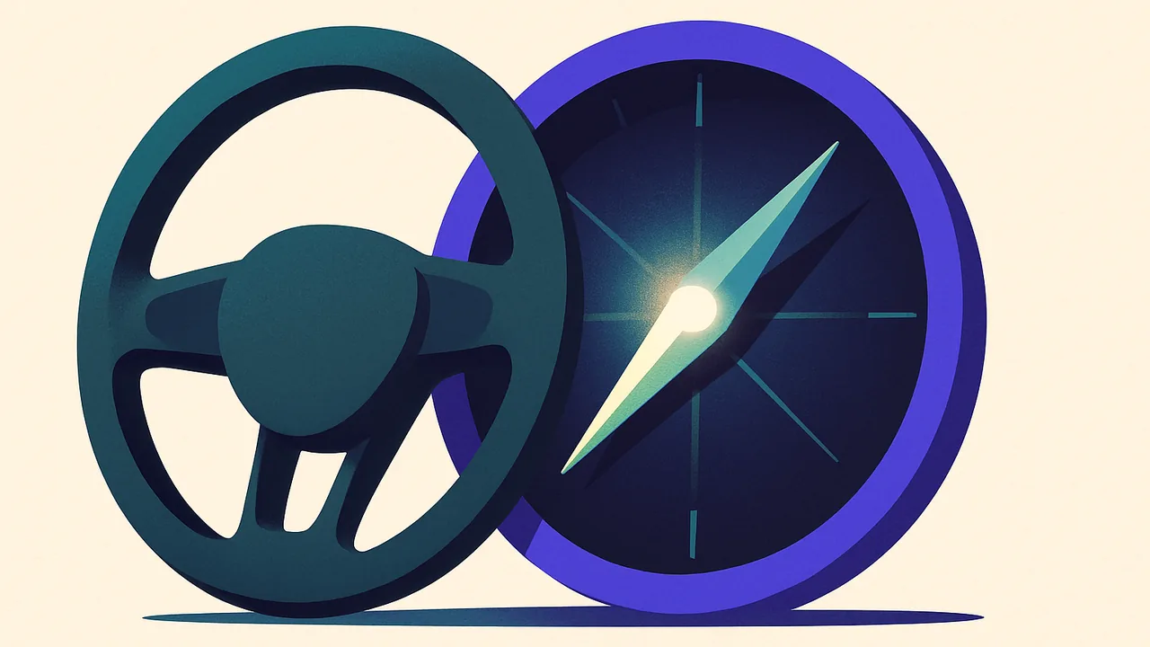a car steering wheel subtly transforming into a glowing compass