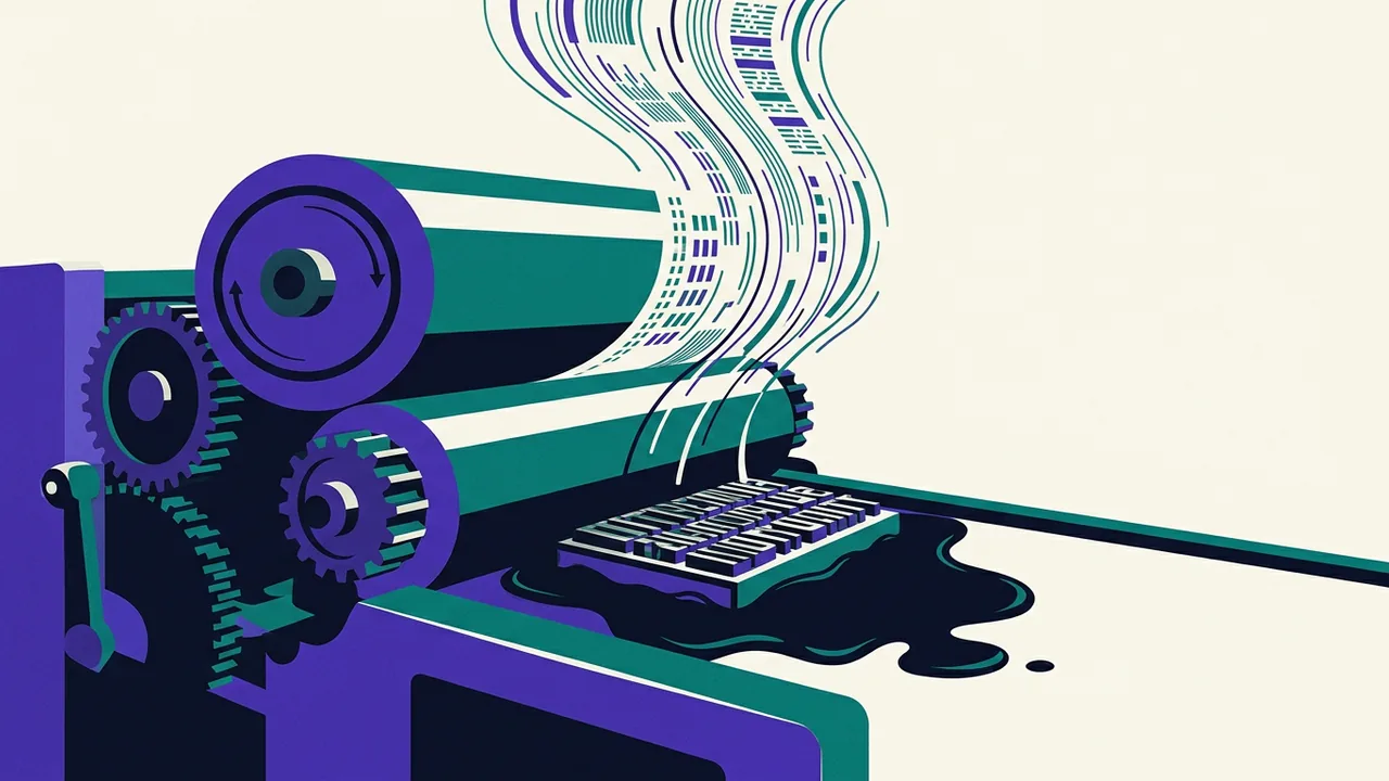 a printing press with its rollers frozen mid-turn, ink pooling beneath while a stream of data flows upward from the metal type