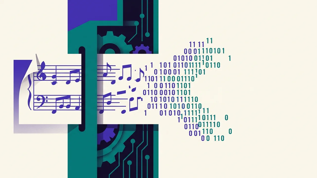 a music sheet being fed into a machine, the notes dissolving into binary code as they pass through