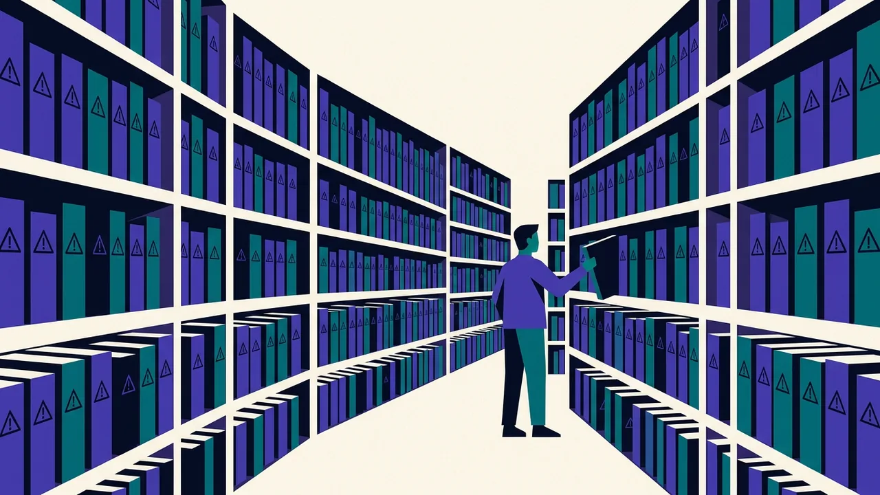 a vast library where every book spine shows the same warning label, while someone keeps pulling volumes from the shelves