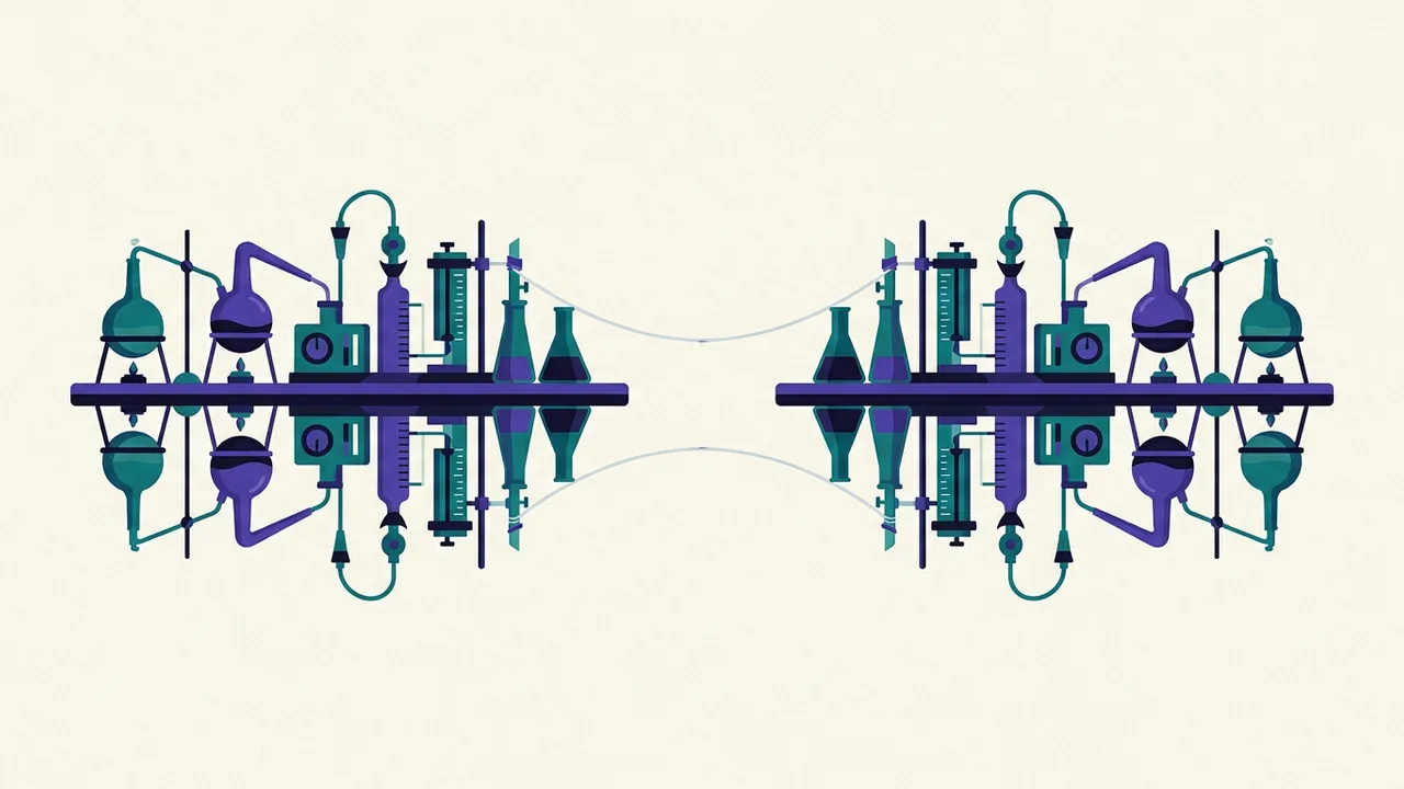 a laboratory bench where one set of instruments mirrors another set exactly, connected by a thin translucent thread