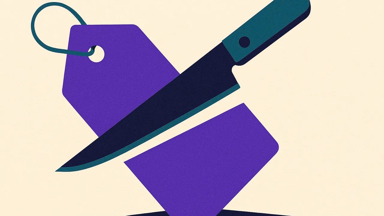 a price tag cleanly sliced in half by a sharp blade