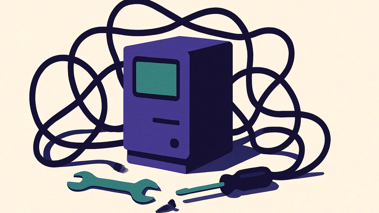 a compact desktop computer surrounded by tangled cables and scattered tool parts