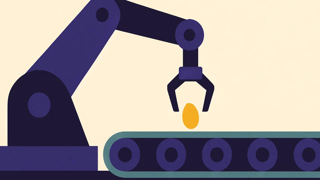 a lone robotic arm placing a bright seed onto a moving factory conveyor