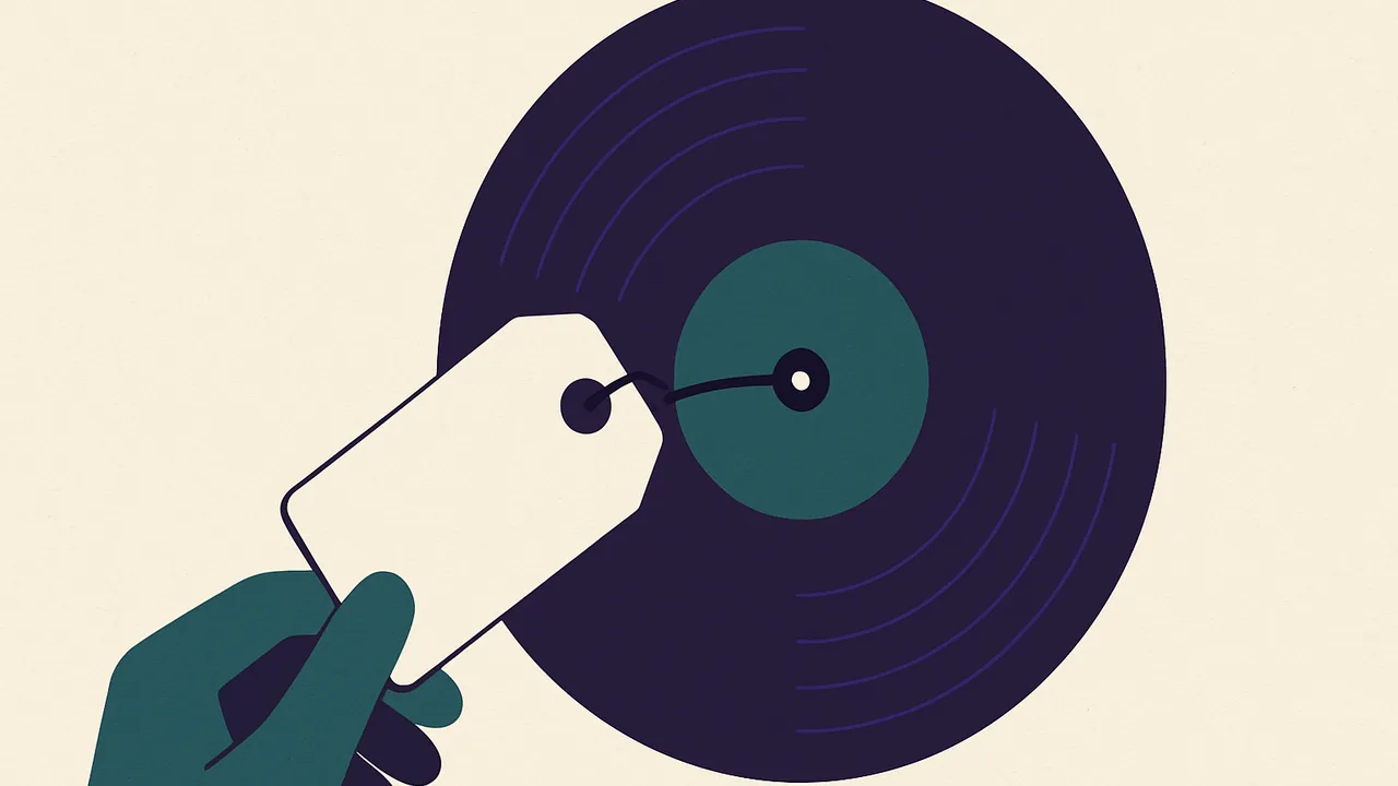a black vinyl record with a blank luggage tag tied to its center hole