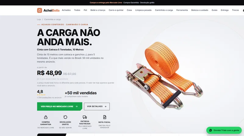 Página de produto do Achei Bella com preço, nota e vendas reais