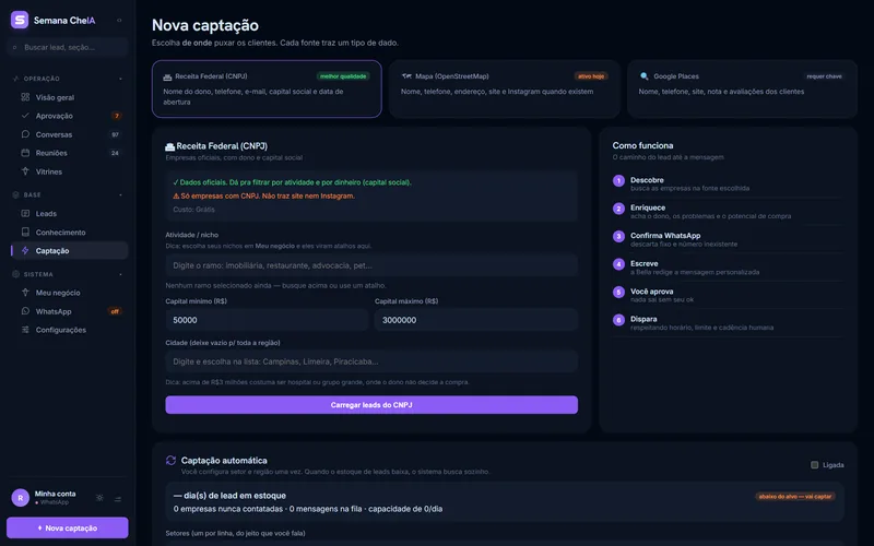 Tela de capta&ccedil;&atilde;o da Semana Cheia com as fontes Receita Federal, Mapa e Google Places